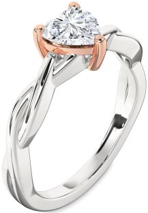 Diamond Silver & 10K Rose Gold Heart Knot Solitaire Engagement Ring