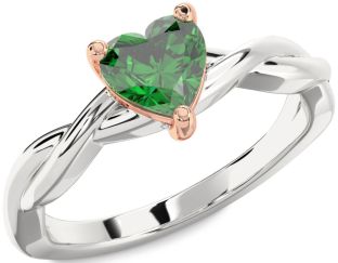 Emerald White Rose Gold Heart Knot Solitaire Engagement Ring