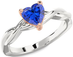 Blue Sapphire Silver & 10K Rose Gold Heart Knot Solitaire Engagement Ring