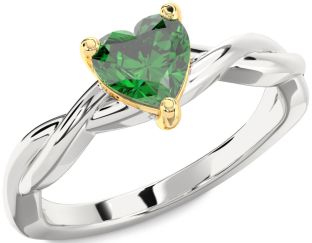 Emerald Silver & 10K gold Heart Knot Solitaire Engagement Ring