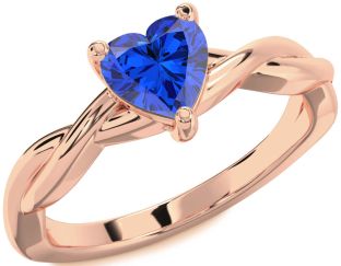 Blue Sapphire Rose Gold Heart Knot Solitaire Engagement Ring
