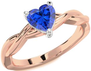 Blue Sapphire White Rose Gold Heart Knot Solitaire Engagement Ring