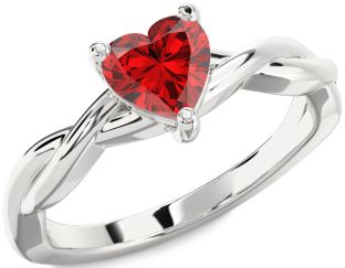 Ruby Silver Heart Knot Solitaire Engagement Ring