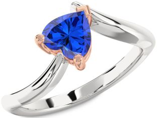 Blue Sapphire Rose Gold Silver Heart Solitaire Engagement Ring