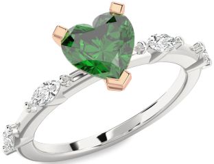 Diamond Emerald Silver & 10K Rose Gold Heart Solitaire Engagement Ring