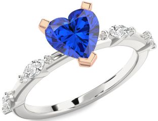 Diamond Blue Sapphire Silver & 10K Rose Gold Heart Engagement Ring