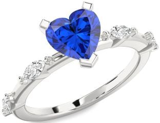 Diamond Blue Sapphire White Gold Heart Solitaire Engagement Ring
