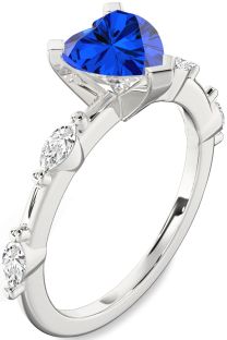 Diamond Blue Sapphire Silver Heart Engagement Ring