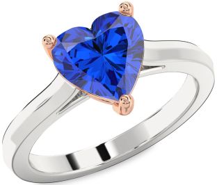 Blue Sapphire Silver & 10K Rose Gold Heart Solitaire Engagement Ring