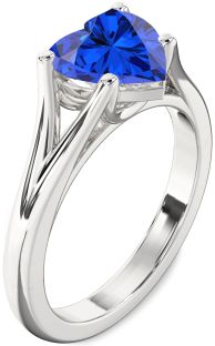 Blue Sapphire Silver Heart Solitaire Engagement Ring