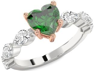 Diamond Emerald Platinum & Rose Gold Heart Solitaire Engagement Ring