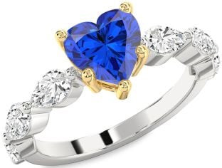 Diamond Blue Sapphire Platinum & Yellow Gold Heart Engagement Ring
