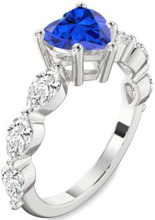 Diamond Blue Sapphire Silver Heart Engagement Ring