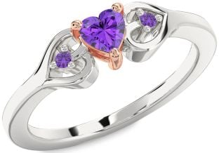 Diamond Amethyst Platinum & Rose Gold Heart Three Stone Engagement Ring