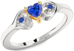 Diamond Blue Sapphire Silver & 10K gold Heart Three Stone Engagement Ring