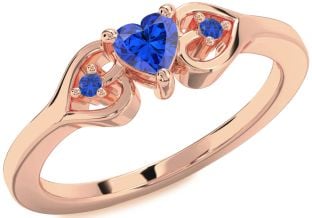 Diamond Blue Sapphire Rose Gold Silver Heart Three Stone Engagement Ring