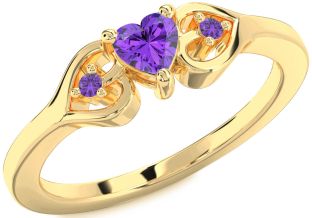 Diamond Amethyst Gold Heart Three Stone Engagement Ring