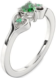 Diamond Emerald Platinum Heart Three Stone Engagement Ring