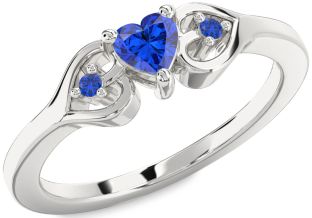 Diamond Blue Sapphire White Gold Heart Three Stone Engagement Ring