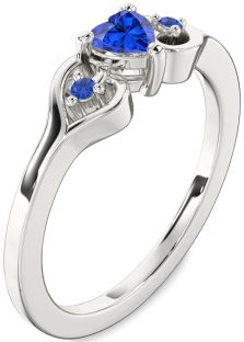Diamond Blue Sapphire Platinum Heart Three Stone Engagement Ring