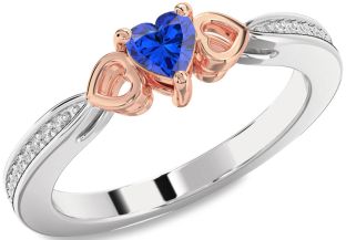Diamond Blue Sapphire Rose Gold Silver Heart Promise Ring