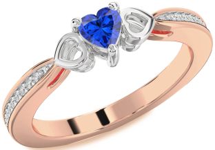 Diamond Blue Sapphire Rose Gold Silver Heart Promise Ring