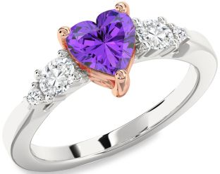 Diamond Amethyst Platinum & Rose Gold Heart Three Stone Engagement Ring