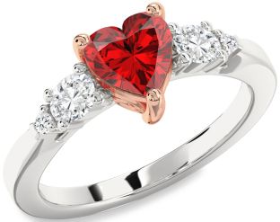Diamond Ruby White Rose Gold Heart Solitaire Engagement Ring