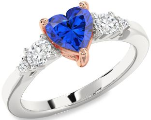 Diamond Blue Sapphire Rose Gold Silver Heart Three Stone Engagement Ring