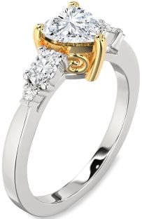 Diamond Silver & 10K gold Heart Three Stone Engagement Ring