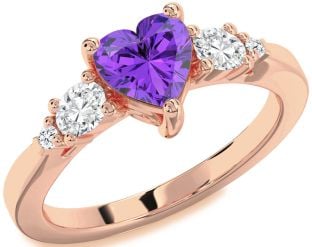 Diamond Amethyst Rose Gold Heart Three Stone Engagement Ring
