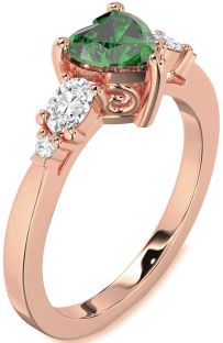 Diamond Emerald Rose Gold Heart Three Stone Engagement Ring