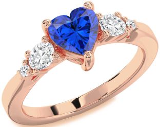 Diamond Blue Sapphire Rose Gold Heart Three Stone Engagement Ring