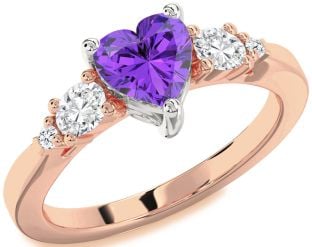 Diamond Amethyst Platinum & Rose Gold Heart Three Stone Engagement Ring