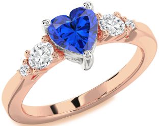 Diamond Blue Sapphire Rose Gold Silver Heart Three Stone Engagement Ring