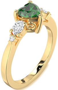 Diamond Emerald Gold Heart Three Stone Engagement Ring
