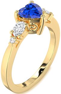 Diamond Blue Sapphire Gold Silver Heart Three Stone Engagement Ring