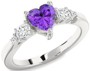 Diamond Amethyst Platinum Heart Three Stone Engagement Ring