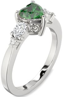 Diamond Emerald Platinum Heart Three Stone Engagement Ring