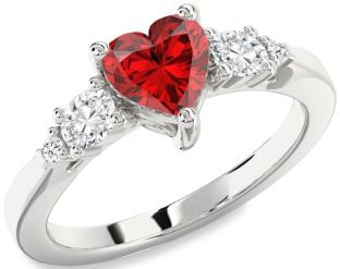 Diamond Ruby Silver Heart Solitaire Engagement Ring