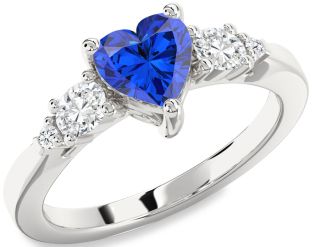 Diamond Blue Sapphire White Gold Heart Three Stone Engagement Ring