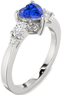 Diamond Blue Sapphire Platinum Heart Three Stone Engagement Ring