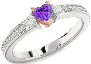 Diamond Amethyst Platinum & Rose Gold Heart Three Stone Engagement Ring