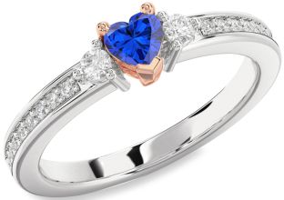 Diamond Blue Sapphire Rose Gold Silver Heart Three Stone Engagement Ring