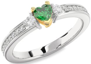 Diamond Emerald Silver & 10K gold Heart Promise Ring