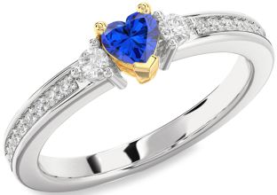 Diamond Blue Sapphire Platinum & Yellow Gold Heart Three Stone Engagement Ring