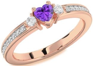 Diamond Amethyst Rose Gold Heart Three Stone Engagement Ring