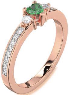 Diamond Emerald Rose Gold Heart Three Stone Engagement Ring