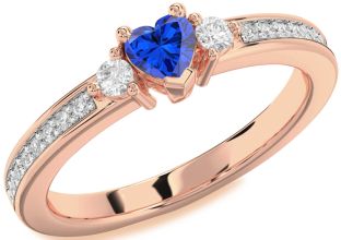 Diamond Blue Sapphire Rose Gold Heart Three Stone Engagement Ring