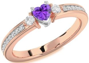 Diamond Amethyst Platinum & Rose Gold Heart Three Stone Engagement Ring